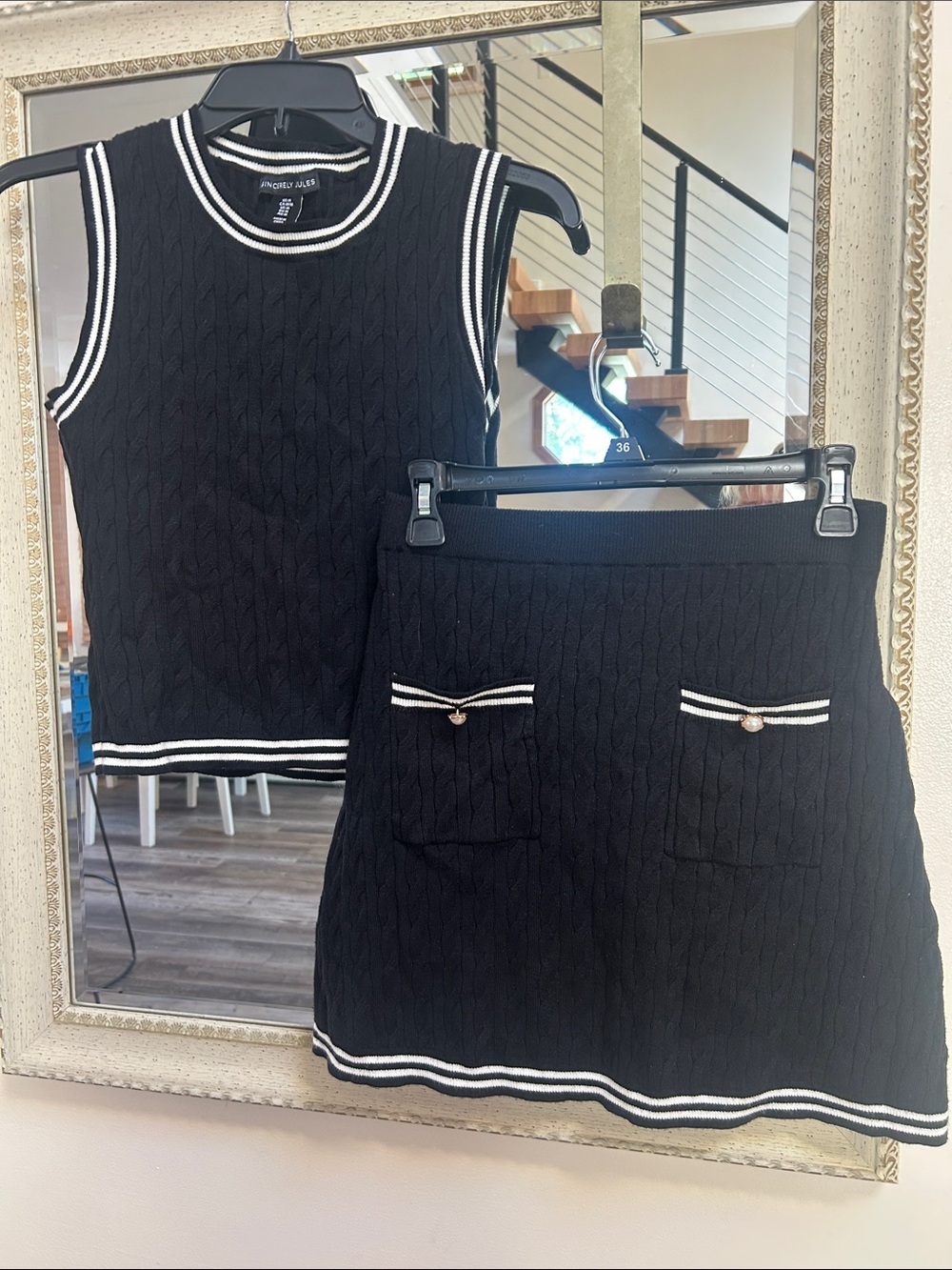 Sincerely Jules Black Knit Mini Skirt Set with White Trim